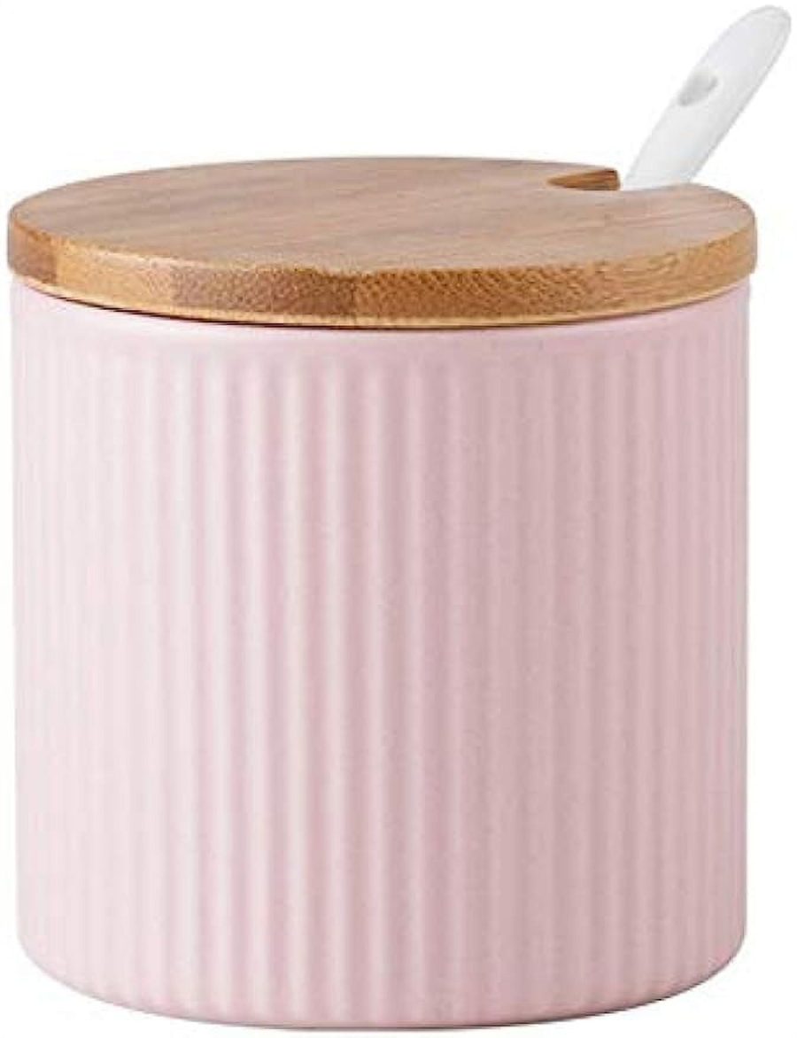 Ceramic Embossed Stripe Sugar Bowl Spice Jar Storage Seasoning Pot with Lid Spoon
