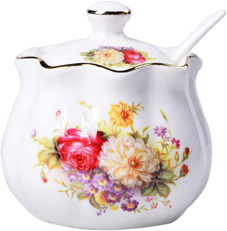 Ceramics Retro Flower Sugar Bowl Spice Jar Storage Seasoning Pot with Lid Spoon-5