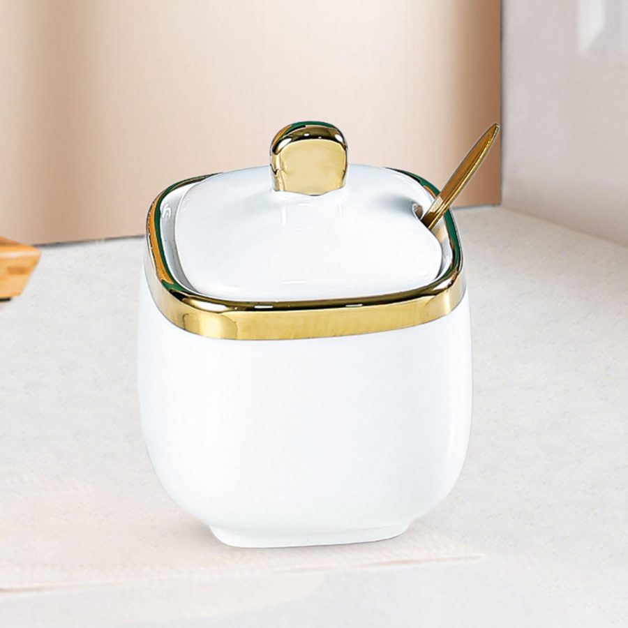 Ceramic Sugar Bowl Container with Lid and Spoon Spice Seasoning Box Ceramic Condiment Pot Condiment Jar for Counter White - Image 2