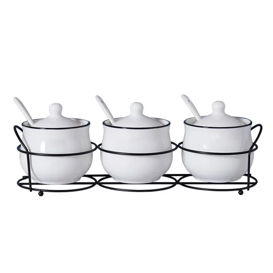 Condiment Container 1Set Ceramic Kitchen Spice Seasonings Jar Condiment Storage Pots Sugar Salt Pot(11.61X4.13X2.76Inches)