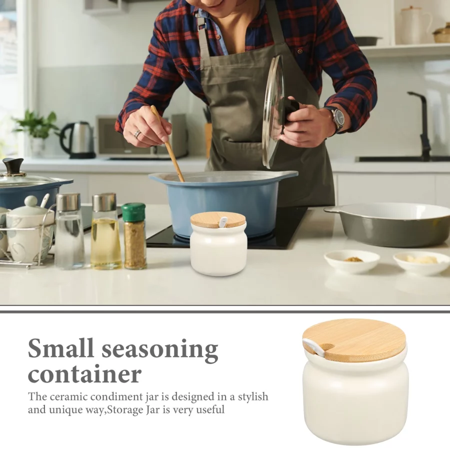 Ceramic Seasoning Jar Household Condiment Container Spices Grease White Ceramics Bamboo - Image 2