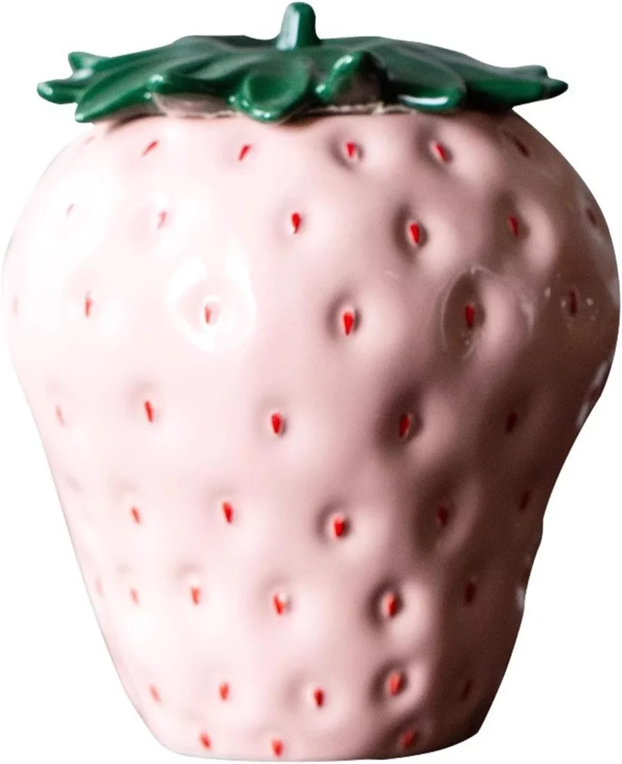 Strawberry Shaped Jar with Lid, Strawberry Shaped Canister, Ceramic Strawberry Cookie Jar, Kitchen Spices Storage Porcelain Jar Candy Can (Pink)