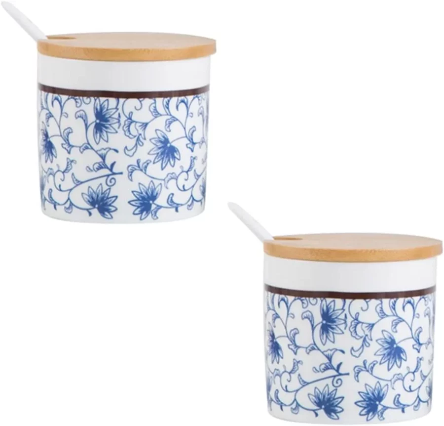 Ceramic Blue and White Sugar Bowl Spice Jar with Lid Spoon Seasoning Pot
