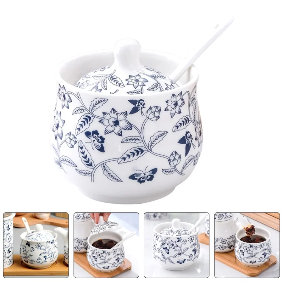 Ceramic spice jar, chili jar, seasoning jar (drum-shaped blue and white: jar)