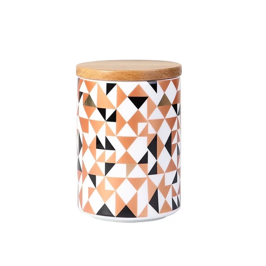 Stylish Geometric Ceramic Pantry Jar with Acacia Wood Lid – Leakproof Seal, Multi-Purpose Kitchen Storage for Spices, Coffee, and Utensils
