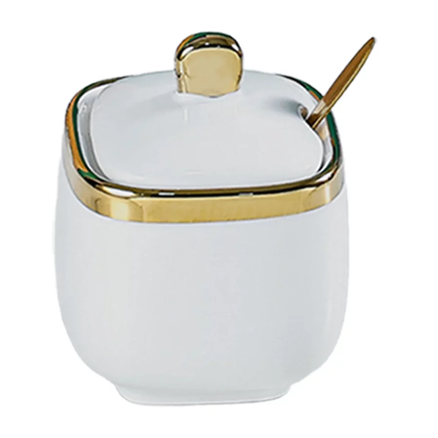 Ceramic Sugar Bowl Container with Lid and Spoon Spice Seasoning Box Ceramic Condiment Pot Condiment Jar for Counter White