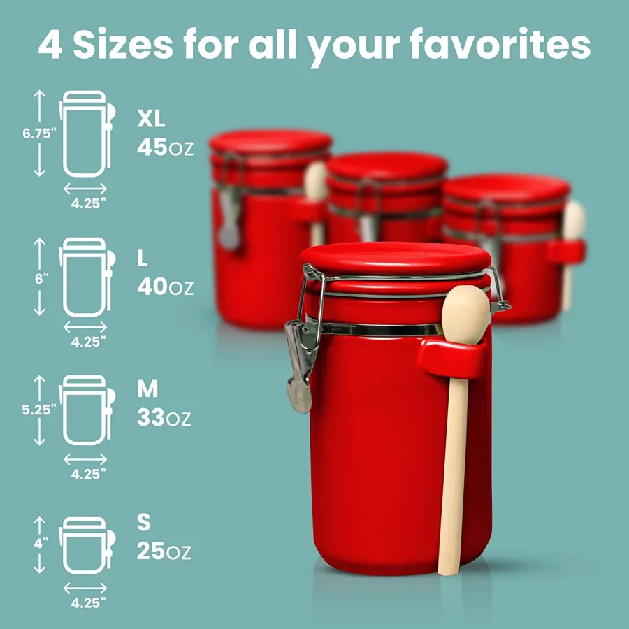 Red Ceramic Kitchen Airtight Canisters Set for Countertop with Wooden Spoons and Reusable Chalk Marker and Labels for Sugar, Coffee, Flour, Tea - Image 2